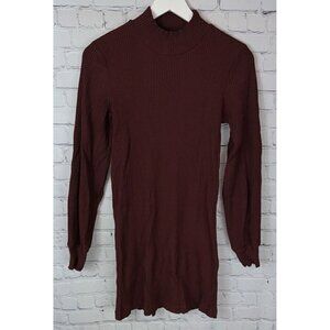 Aritzia WILFRED Ribbed Balloon Sleeve Mock Neck Mini Dress Burgundy Size Medium